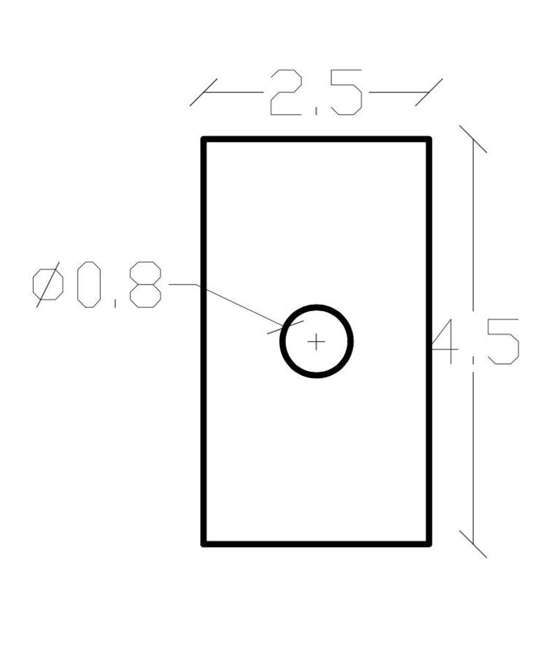 May include: A technical line drawing of a rectangular plate with a centered circular hole. The rectangle measures 2.5 inches in width and 4.5 inches in height. The central circular hole has a diameter of 0.8 inches, indicated by a leader line.