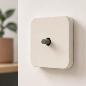 May include: A square light switch with a matte off-white finish and rounded corners. The switch features a central cylindrical toggle lever in a muted sage green color, protruding from a circular cutout in the center of the faceplate.