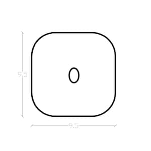 May include: A black line drawing of a square with rounded corners and a small oval in the center. Dimension lines indicate a height and width of 9.5 inches. The design is presented on a plain white background, focusing on the geometric shape.