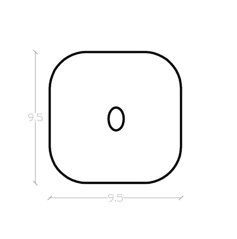May include: A black line drawing of a square with rounded corners and a small oval in the center. Dimension lines indicate a height and width of 9.5 inches. The design is presented on a plain white background, focusing on the geometric shape.