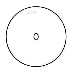 K&ouml;nnte beinhalten: Eine schwarze Strichzeichnung eines Kreises mit einer kleineren, mittig platzierten ovalen Form. Das Diagramm enth&auml;lt eine Ma&szlig;linie, die einen Durchmesser von 13,8 cm angibt, wobei das Symbol f&uuml;r den Durchmesser oben am Kreis markiert ist.