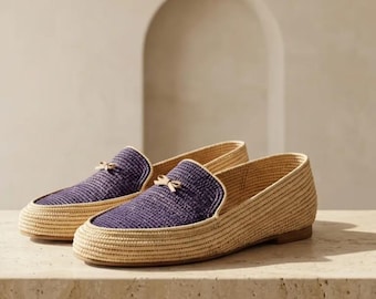Navy Raffia Loafers for Men, Woven Loafers, Moroccan Handmade Shoes, Two Tone Raffia Slip On, Smart Casual Summer Shoes, Beach Wedding Shoes