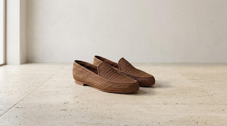Mocasines de rafia marrón, mocasines marroquíes tejidos, zapatos de verano bohemios sin cordones para hombre. imagen 1