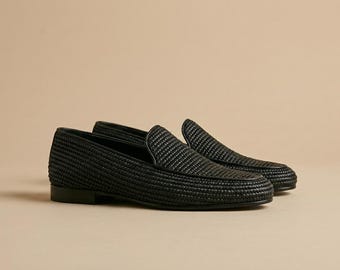 Mocassins noirs en raphia tissé, mocassin marocain, chaussures d'été à enfiler faites main