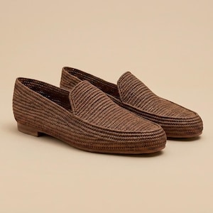 Mocasines de rafia marrón, mocasines marroquíes tejidos, zapatos de verano bohemios sin cordones para hombre. imagen 7