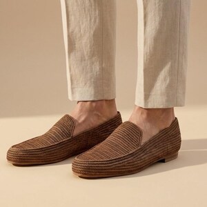 Mocasines de rafia marrón, mocasines marroquíes tejidos, zapatos de verano bohemios sin cordones para hombre. imagen 3