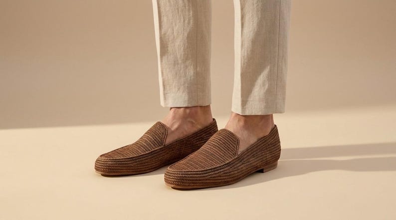 Mocasines de rafia marrón, mocasines marroquíes tejidos, zapatos de verano bohemios sin cordones para hombre. imagen 3