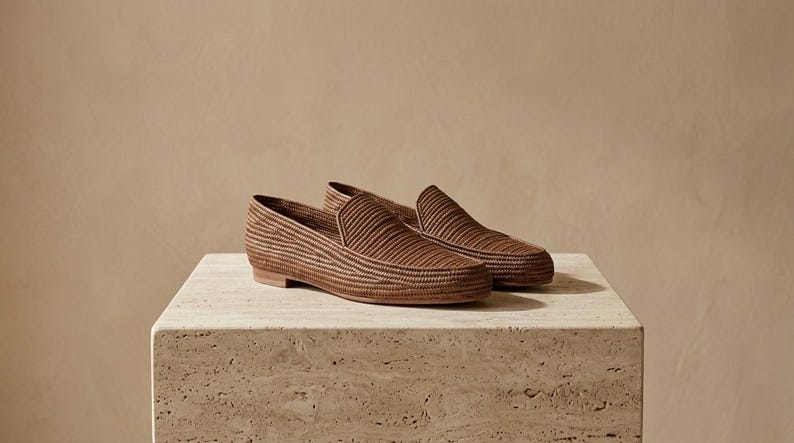 Mocasines de rafia marrón, mocasines marroquíes tejidos, zapatos de verano bohemios sin cordones para hombre. imagen 2