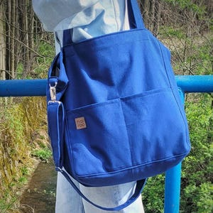Bolso tote de lona azul aciano, bolso de algodón extragrande para el día a día, bandolera vegana.