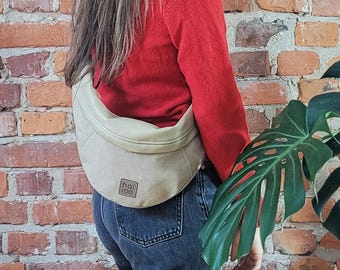 Beige Canvas Fanny Pack, Vegan Leather Crossbody Sling Bag