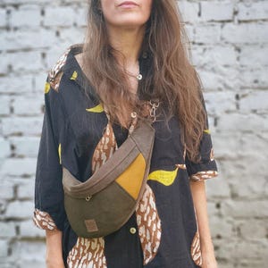 Braune und senfgrüne Bauchtasche, vegane Alltags-Umhängetasche, Zero-Waste-Bauchtasche, Recycling