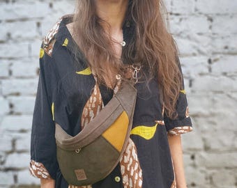Brown Mustard Green Fanny Pack, Vegan Everyday Sling Bag, Zero Waste Bum Bag, Recycling