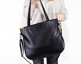 Black Vegan Leather Crossbody Bag: Handmade Shoulder Tote, Everyday Bag