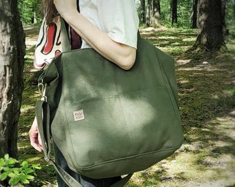 Armeegrüne Canvas-Tragetasche, übergroße vegane Baumwolltasche, Handgepäck, Umhängetasche für jeden Tag