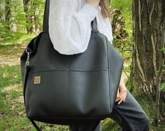 Oversized Black Vegan Leather Tote Bag: Crossbody Handbag with Pockets