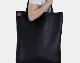 Übergroße schwarze Tragetasche aus veganem Leder, große Shopper-Tasche, Alltagshandtasche
