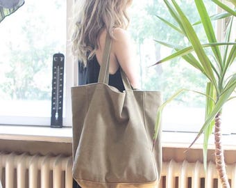 Handgefertigte Tragetasche aus khakifarbener Baumwolle: Vegane Schultertasche mit Reißverschluss, große Canvas-Handtasche