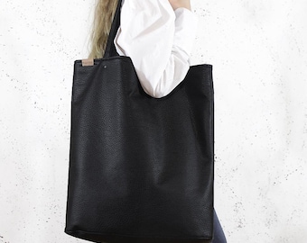 Large Black Vegan Leather Tote Bag, Handmade Shopper Bag, Oversized Handbag