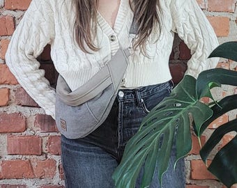 Taupe Canvas Crossbody Sling Bag, Eco Leather Fanny Pack