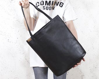 Vegan Leather Work Tote Bag, Zippered Shopper with Pockets, Simple Black Handbag