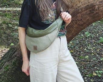 Khaki Canvas Fanny Pack, Eco-Leather Sling Bag, Handcrafted Bum Bag, Green Strong Cotton Purse