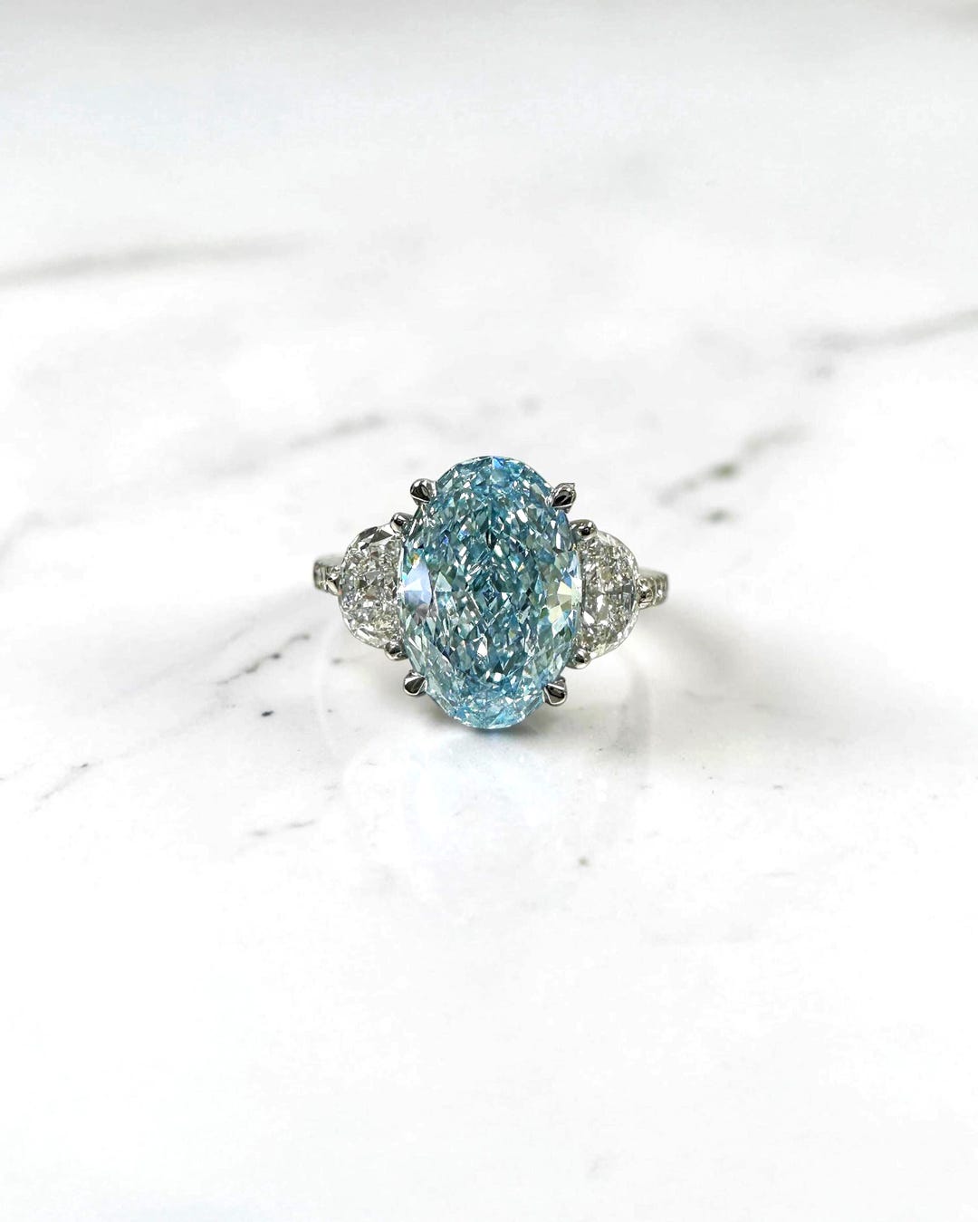 4 Carat Blue Oval Cut Lab Grown Blue Diamond Ring, Three Stone ...