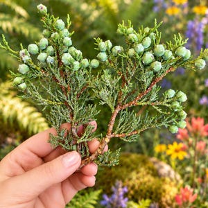 May include: A sprig of juniper featuring dense, scale-like green foliage and numerous small, round, pale green berries. The branch has a reddish-brown woody stem and is covered in fine, textured needles, showcasing a natural botanical specimen.