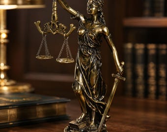Op de afbeelding: Een bronskleurig standbeeld van Vrouwe Justitia met een geblinddoekte figuur die een weegschaal in de rechterhand en een zwaard in de linkerhand houdt. De figuur staat op een voetstuk met een boek en een slang en draagt gedrapeerde gewaden.