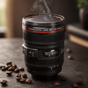Könnte beinhalten: Ein schwarzer Becher, der wie ein Kameraobjektiv gestaltet ist und einen roten Ring aufweist. Der Becher zeigt den weißen Schriftzug CANIAM ZOOM LENS EF 24-105mm f/4, ein Fenster für die Fokusentfernung und strukturierte Griffringe.