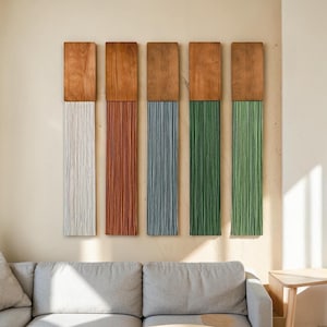 Tapeçaria de parede tecida com tampo de madeira, arte têxtil nórdica, decoração de parede em macramê azul, peça minimalista boho para casa, presente.