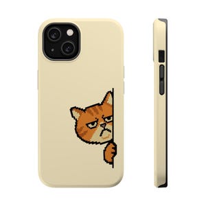 May include: A cream-coloured smartphone case featuring a pixel art graphic of an orange tabby cat peeking from the side. The cat has a grumpy expression with dark orange stripes and a small paw visible. The case includes a black camera cutout.