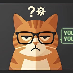 Op de afbeelding: Een grafische illustratie van een oranje cyperse kat met een zwart montuur bril en een sceptische uitdrukking. Boven de kat staat een wit vraagteken in een ster. Rechts staat in een groen omlijnd kader de tekst: YOUR DESK, YOUR BOSS.