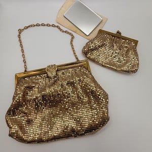Vintage Whiting and Davis Gold Mesh Purse Set Model 2983 2684, 1950s Hollywood Regency Evening Bag with Rhinestone Clasp, Mirror & Pouch