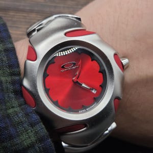 Futuristic Wrist Watch Inspired by Oakley Style, Red Dial Y2K Cyber Watch, Industrial Sculptural Timepiece, Avant Garde