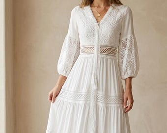 Boho Maxi Kleid Weiß, Französisch Bubble Ärmel, Strand Urlaub Sommer Stil