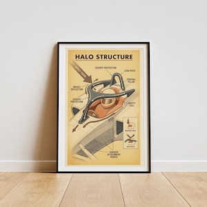May include: A framed poster titled HALO STRUCTURE featuring a technical diagram of a race car cockpit safety device. The illustration shows the halo, central pillar, and impact deflection paths in black and brown tones on a light tan background.