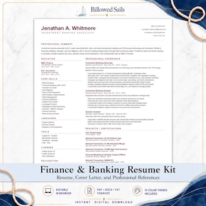 金融・銀行業界向け履歴書テンプレートキット、カバーレター、推薦状（デジタルダウンロード）