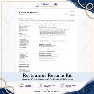 May include: A professional restaurant resume template for Carlos R. Mendez, Restaurant General Manager, featuring sections for professional summary, education, skills, experience, certifications, and recognition, titled Restaurant Resume Kit.
