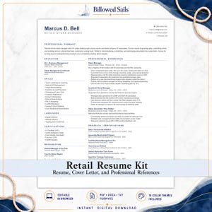 以下が含まれることがあります： Retail Resume Kitというタイトルのプロフェッショナルな履歴書テンプレート。Marcus D. Bell、Retail Store Managerという名前が記載されています。文書には、職務要約、学歴、スキル、職務経歴、資格、表彰のセクションが含まれています。