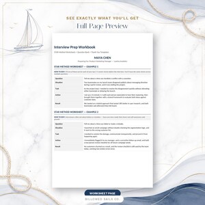 May include: A digital interview prep workbook document titled Interview Prep Workbook by Maya Chen, featuring STAR method worksheets with sections for question, situation, task, action, and result, displayed on a white background with a sailboat graphic.