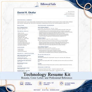 May include: A professional resume template titled Technology Resume Kit, featuring the resume of Daniel R. Okafor, a software engineer. The document includes sections for professional summary, education, technical skills, experience, and projects.