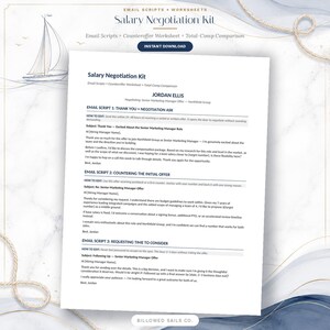 May include: A digital document titled Salary Negotiation Kit featuring email scripts, a counteroffer worksheet, and a total-comp comparison. The page includes templates for thanking a hiring manager, countering an offer, and requesting time to consider.