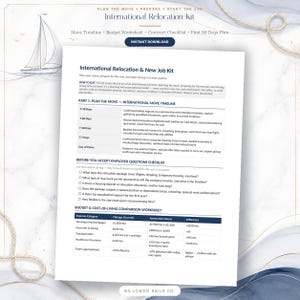 May include: An International Relocation & New Job Kit document featuring a move timeline, employer questions checklist, and budget worksheet. The page includes text headers, a table comparing expenses between Chicago and Amsterdam, and a sailboat graphic.