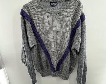 Suéter Bay Club de los 80, gris vintage, morado, punto trenzado geométrico, talla XL