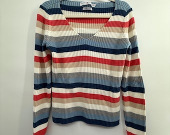 Tommy Hilfiger Jeans XL Made in Japan 100% Cotton Ribbed Stripe V-Neck Sweater