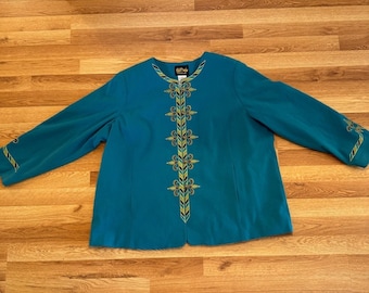 Bob Mackie Wearable Art 2X Embroidered Jacket Teal Gold Statement Coat VTG