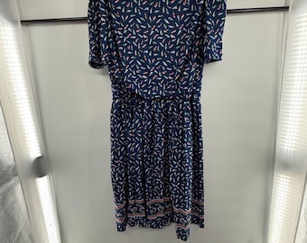 80s Earth Angel Dress Navy Border Print Made in USA Vintage Size XL
