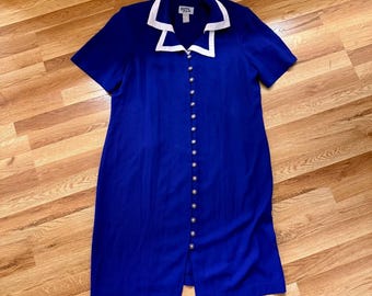 Vintage Dawn Joy II Blue Dress Sz 18 White Collar Gold Buttons 80s Secretary XL