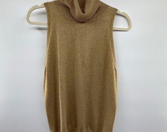 Vintage Y2K Lauren Ralph Lauren Gold Silk Metallic Sleeveless Turtleneck XL