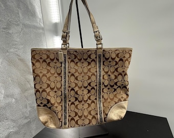 Coach Signature Stripe Tote Brown Tan Canvas Beaded Metallic Trim Y2K
